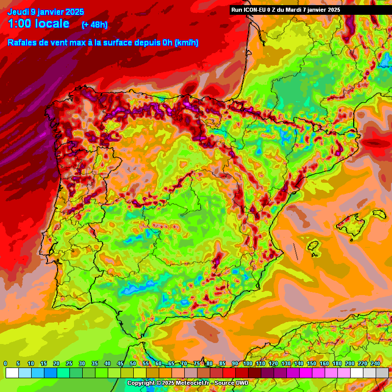 Tempo agrava-se significativamente a partir da madrugada de quarta, 8 de janeiro 2025 - Atenção ao vento severo localizado! Previsão completa atualizada Previsão de vento máximo - rajadas previstas segundo o modelo ICON-EU para quarta, 8 de janeiro