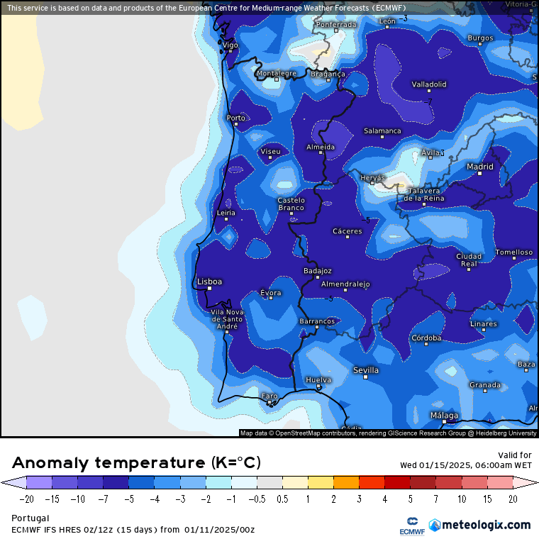 Tempo frio - As temperaturas mínimas descem cerca de 15ºC em 48 horas a partir deste sábado, e podem vir as noites mais frias deste inverno! - Saiba como evoluirão as temperaturas entre 13 e 19 de janeiro na sua região Anomalia de temperaturas prevista na quarta, 15 de janeiro