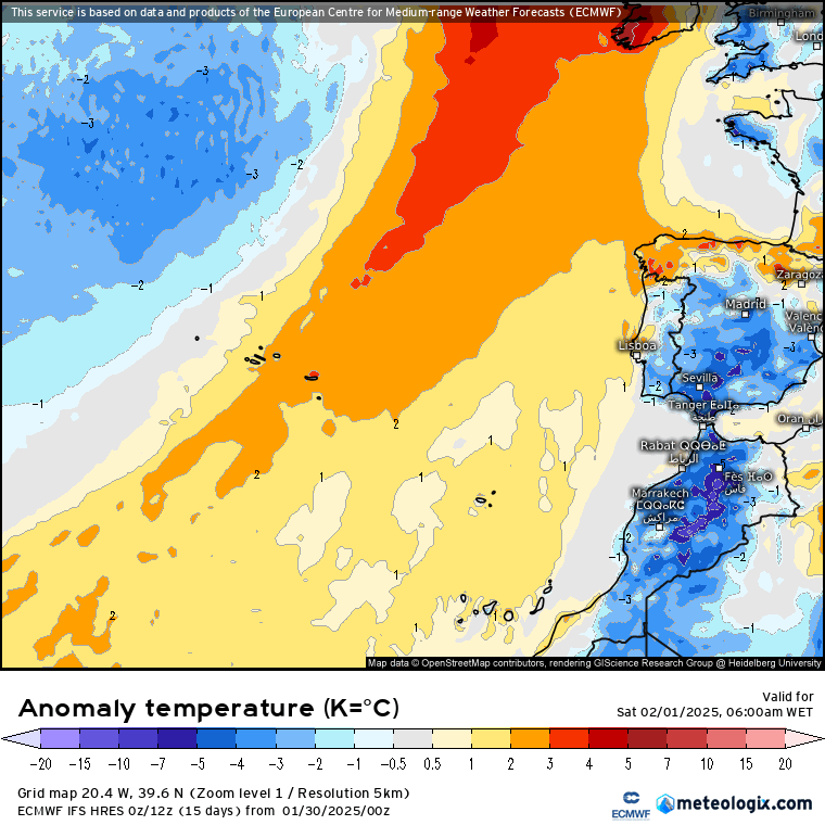 Tempo no sábado, 1 de fevereiro de 2025 - Manhã fria, tarde amena - mas será que chove? Previsões difíceis! - saiba com o que contar na sua região! Anomalia de temperaturas mínimas e máximas neste sábado - previsão ECMWF