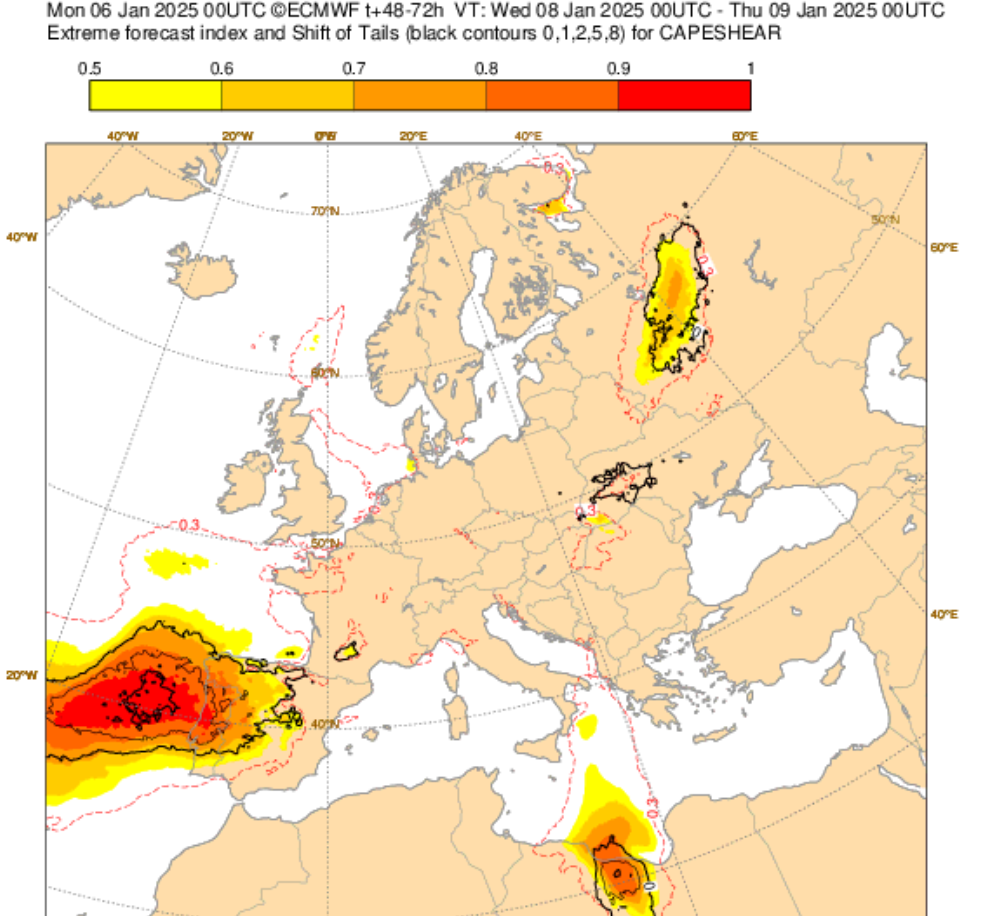 Tempo agrava-se significativamente a partir da madrugada de quarta, 8 de janeiro 2025 - Atenção ao vento severo localizado! Previsão completa atualizada Tempo instável - Risco de vento severo - previsão ECMWF para quarta, 8 de janeiro - CAPESHEAR