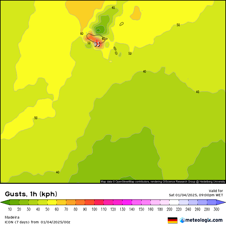 Chuva forte na Madeira entre sábado e domingo 4 e 5 de janeiro 2025 - possíveis inundaçõesenxurradas - saiba a previsão completa! Rajadas muito fortes previstas pelo modelo ICON-EU ao final do dia de sábado na Madeira