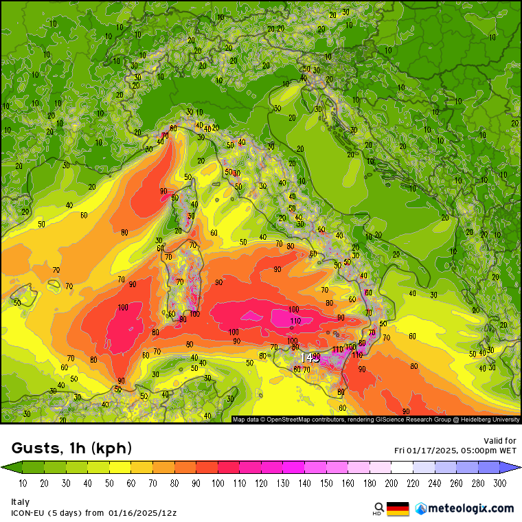 Tempestade Gabri - Forte temporal e graves inundações em partes de Itália e Norte de África 17 a 19 de janeiro - saiba como esta depressão irá evoluir! Rajadas máximas previstas pelo modelo ICON-EU, final da tarde de sexta, dia 17 janeiro