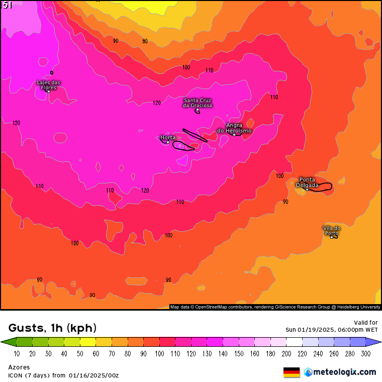 Mau tempo - Forte depressão afeta os Açores no domingo, 19 de janeiro, e mudará o tempo em Portugal Continental - podemos estar perante uma mudança radical de padrão atmosférico? Rajadas de vento muito forte, com pico provável no final da tarde de domingo - previsão ICON