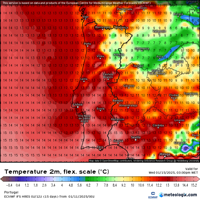 Tempo frio - As temperaturas mínimas descem cerca de 15ºC em 48 horas a partir deste sábado, e podem vir as noites mais frias deste inverno! - Saiba como evoluirão as temperaturas entre 13 e 19 de janeiro na sua região Temperaturas máximas previstas para quarta, 15 de janeiro - ECMWF - tardes não serão frias
