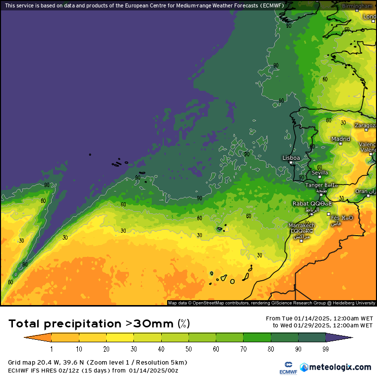 Chuva regressa em força? Depois do frio, previsões atuais indicam várias depressões, e o regresso da chuva no dia 19... podendo chegar em força a todo o país - será assim? Chuva superior a 30l\m2 até 29 de janeiro - probabilidade segundo o ensemble EPS