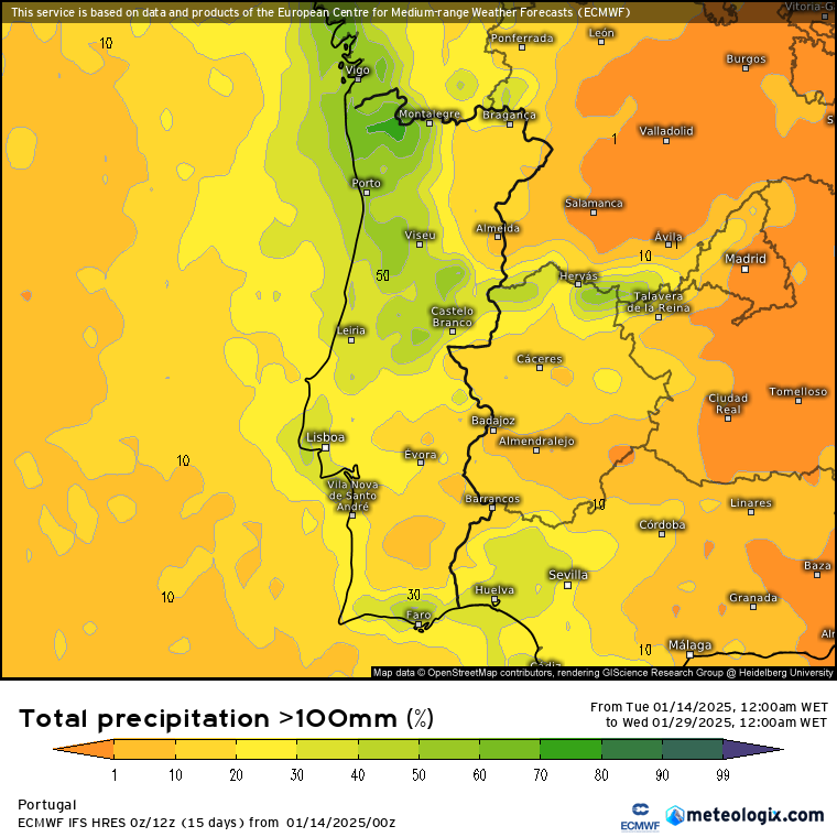 Chuva regressa em força? Depois do frio, previsões atuais indicam várias depressões, e o regresso da chuva no dia 19... podendo chegar em força a todo o país - será assim? Probabilidade de chuva superior a 100l\m2, segundo o modelo ECMWF, para os dias 14 a 29 de janeiro 2025