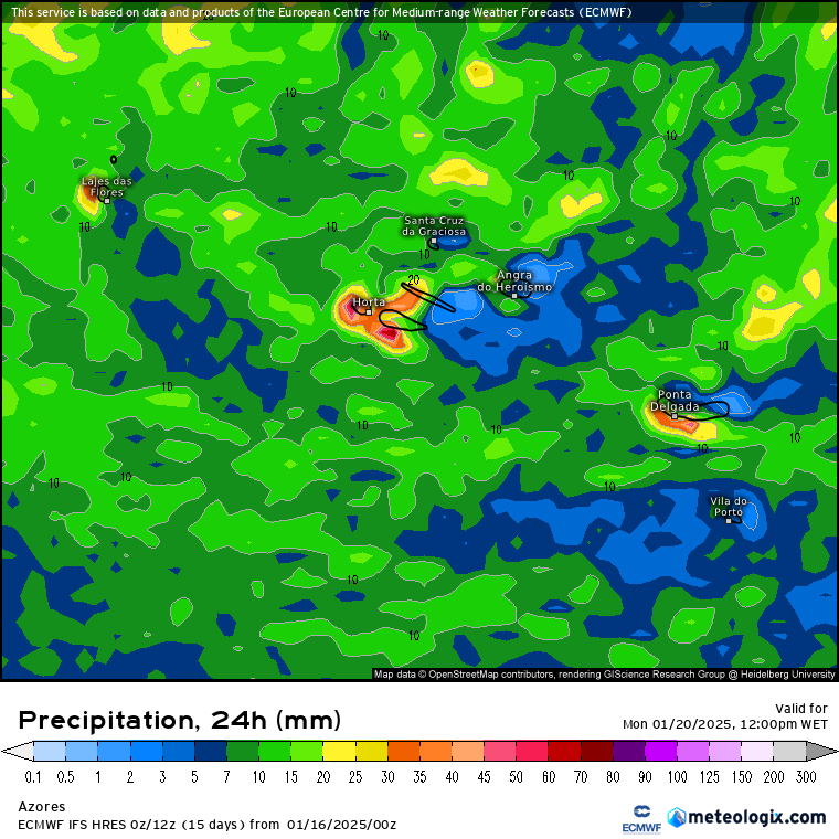 Mau tempo - Forte depressão afeta os Açores no domingo, 19 de janeiro, e mudará o tempo em Portugal Continental - podemos estar perante uma mudança radical de padrão atmosférico? Chuva acumulada em 24 horas, entre as 12h de domingo, e as 12h de segunda - previsão ECMWF