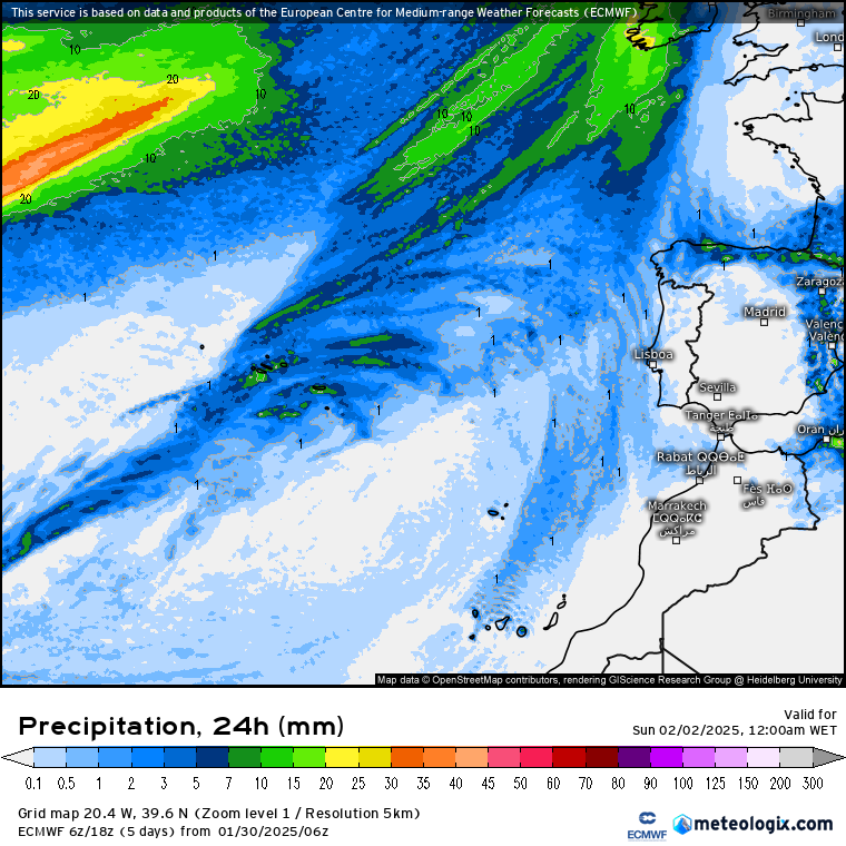 Tempo no sábado, 1 de fevereiro de 2025 - Manhã fria, tarde amena - mas será que chove? Previsões difíceis! - saiba com o que contar na sua região! Precipitação prevista pelo modelo ECMWF para sábado, 1 de fevereiro