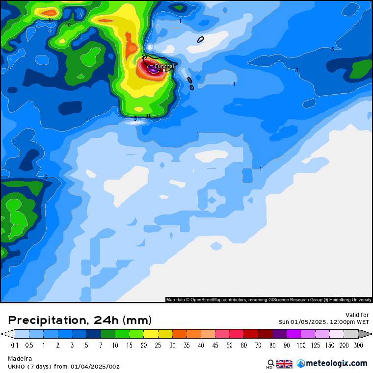 Chuva forte na Madeira entre sábado e domingo 4 e 5 de janeiro 2025 - possíveis inundaçõesenxurradas - saiba a previsão completa! Precipitação acumulada em 24 horas, entre as 12h de sábado e as 12h de domingo, modelo UKMO