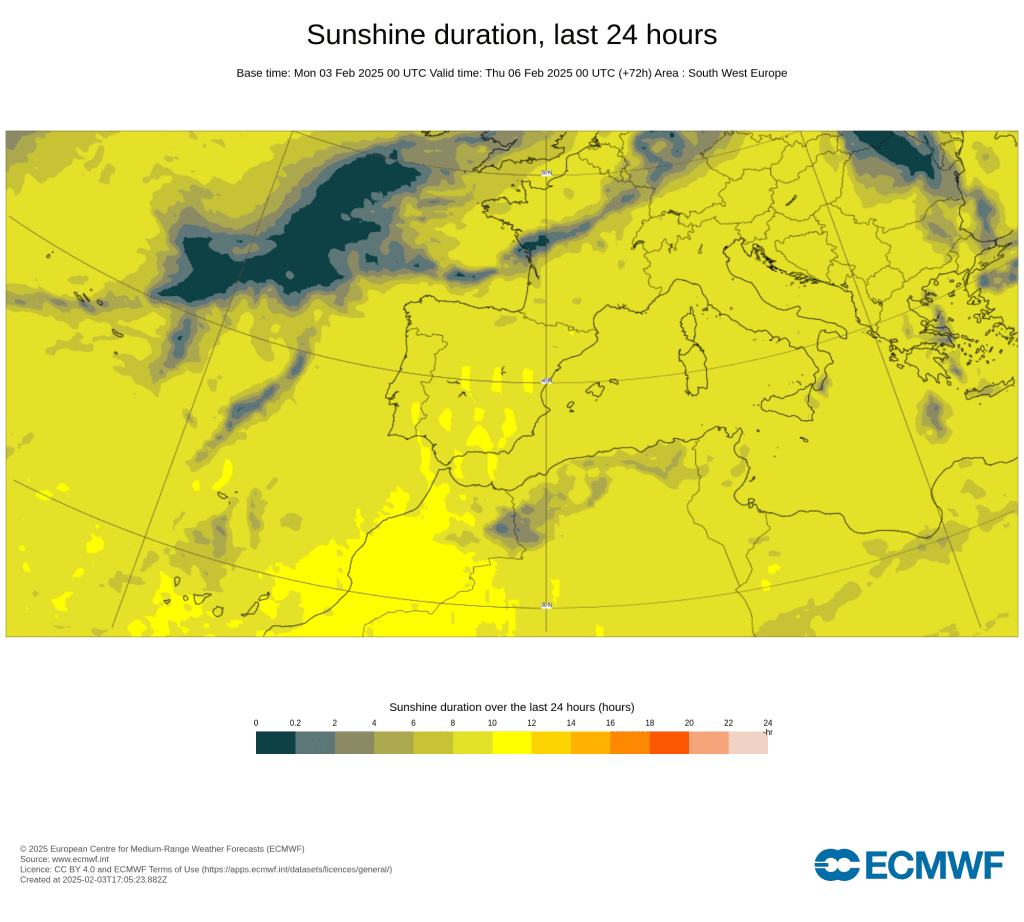 Tempo na quarta, 5 de fevereiro de 2025 - Uma autêntica tarde de primavera! Saiba as previsões, e a mudança que se poderá seguir... Número de horas de sol previstas, ECMWF, quarta, 5 de fevereiro