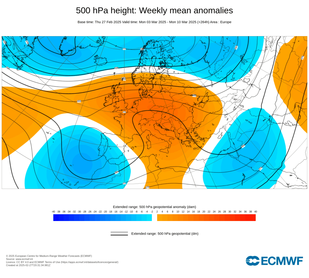 Pressure and Geopotential - ECMWF forecast, anomaly March 3-10