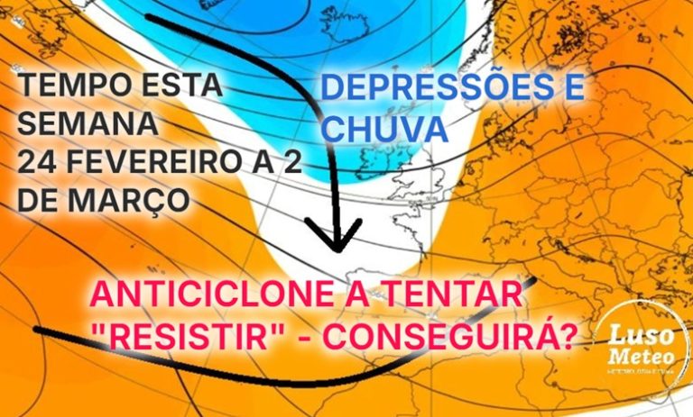 Tempo esta semana – 24 de fevereiro a 2 de março 2025 – Chuva a começar, e uma possível gota fria a terminar? Saiba a previsão completa! Tempo esta semana - 24 de fevereiro a 2 de março 2025 - Chuva a começar, e uma possível gota fria a terminar? Saiba a previsão completa!