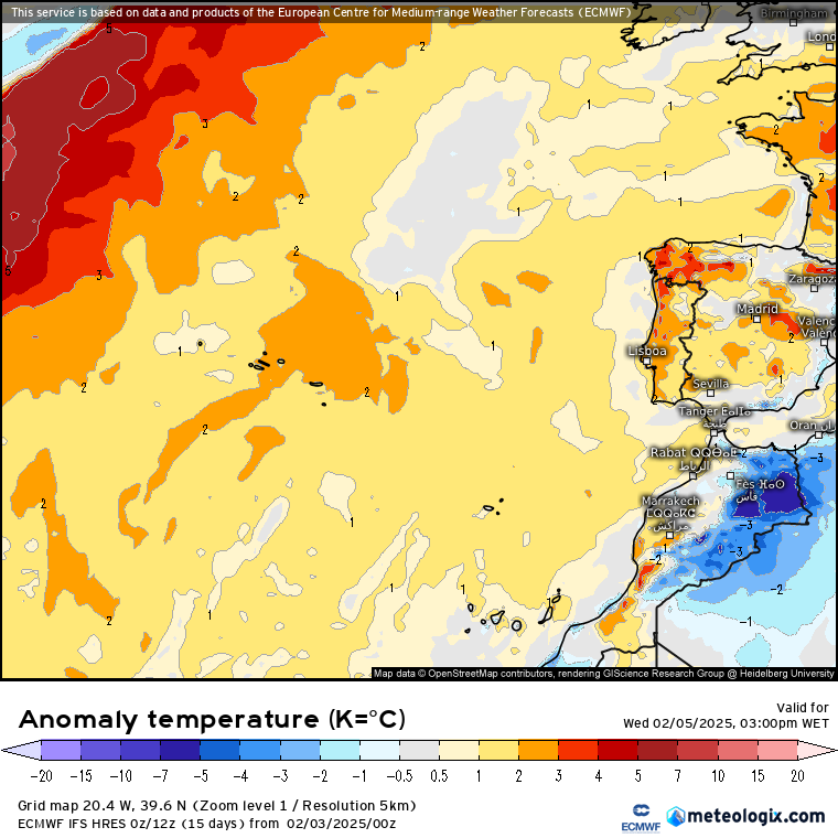 Tempo na quarta, 5 de fevereiro de 2025 - Uma autêntica tarde de primavera! Saiba as previsões, e a mudança que se poderá seguir... Anomalia de temperatura para esta quarta, 5 de fevereiro - Portugal Continental