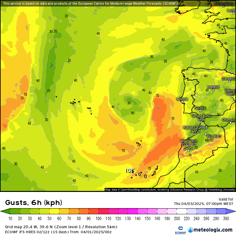 Depressão NURIA afeta Portugal, com muito vento e chuva - Tempo na quinta, 3 de abril de 2025 - Bastante chuva e vento - saiba a previsão completa! Rajadas de vento previstas no período da tarde, segundo o modelo ECMWF