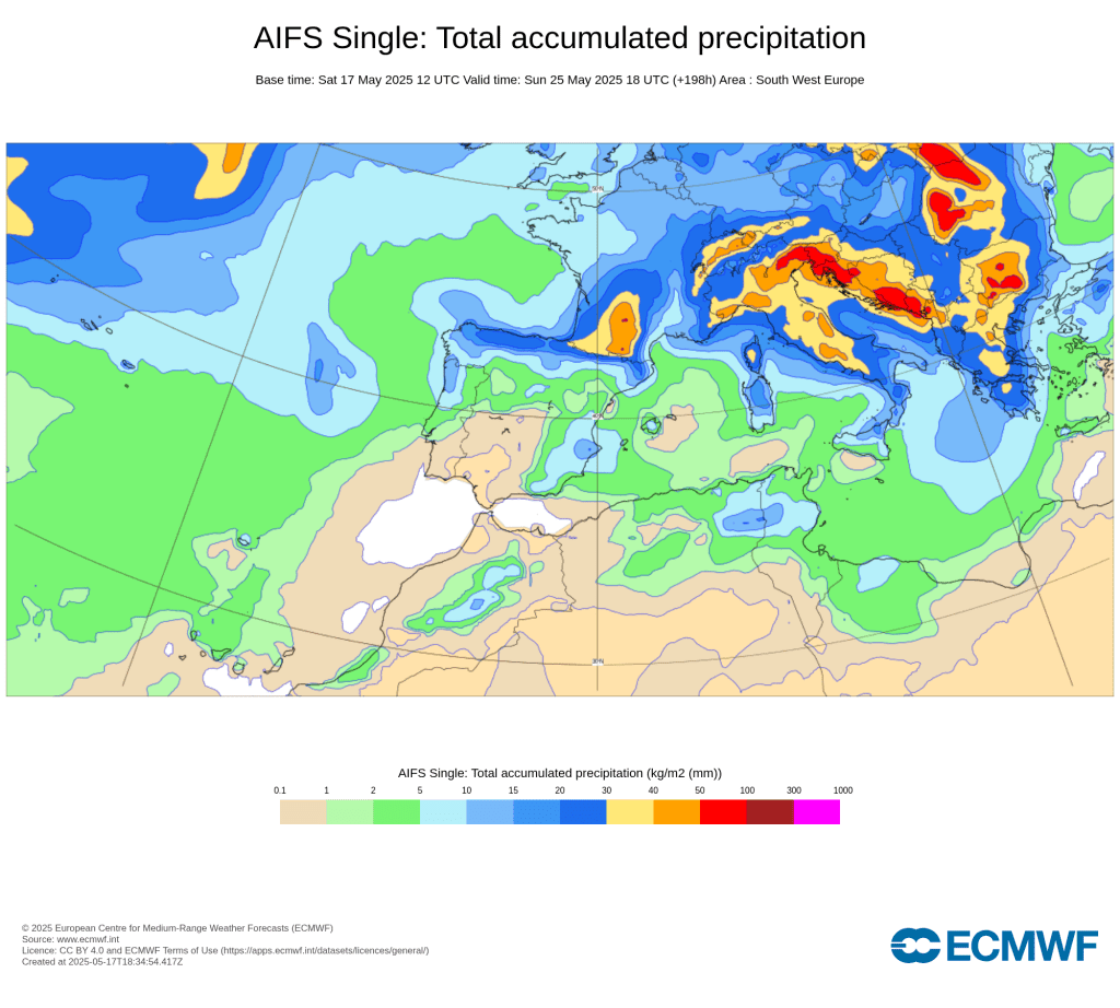 Tempo quente esta semana, finalmente surgiu o anticiclone dos Açores! Previsão do tempo esta semana, 19 a 25 de Maio de 2025 Tempo esta semana - precipitação acumulada entre 17 a 25 de Maio - AIFS