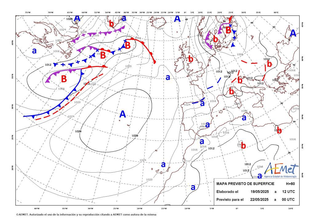 Tempo no domingo, 25 de maio 2025 - Mais nuvens, mais fresco - Saiba a previsão completa! Anticiclone sobre os Açores, superfície frontal em dissipação no Noroeste da Península Ibérica