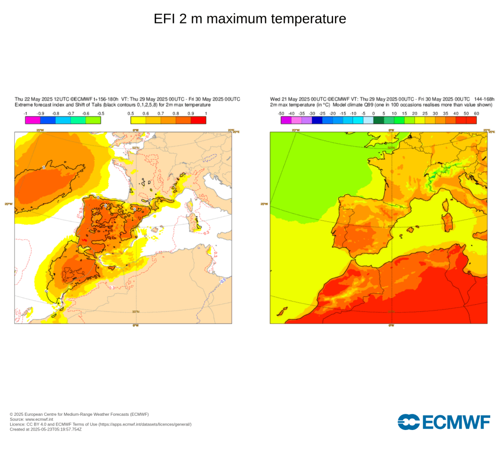 Calor recorde em Maio? - 40ºC na próxima semana, e noites com mais de 25ºC! - Trovoadas depois? Antevisão do tempo 27 a 30 de Maio Apesar de faltarem ainda vários dias, o ECMWF, através do seu ensemble mostra já boas probabilidades de valores recorde de temperatura no dia 29 de Maio