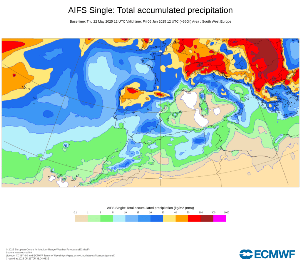 Calor recorde em Maio? - 40ºC na próxima semana, e noites com mais de 25ºC! - Trovoadas depois? Antevisão do tempo 27 a 30 de Maio Chuva acumulada até 6 de Junho 2025 - previsão AIFS