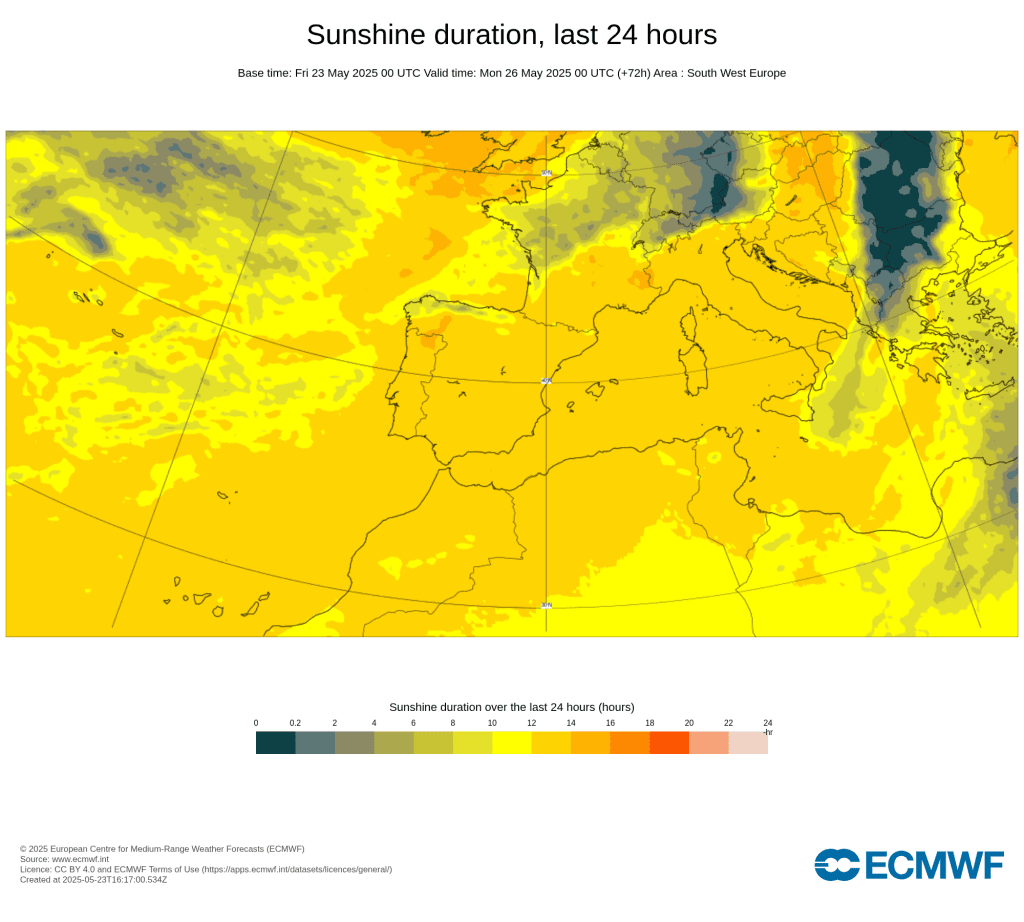 Tempo no domingo, 25 de maio 2025 - Mais nuvens, mais fresco - Saiba a previsão completa! Número de horas de sol previstas para este domingo, previsão ECMWF