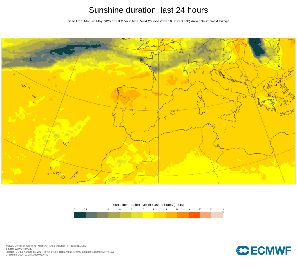 Tempo na quarta, 28 de maio - temperaturas aproximam-se dos 40ºC no dia mais quente do ano até agora... mas há ainda mais calor a caminho Número de horas de sol previstas em Portugal, 28 de maio