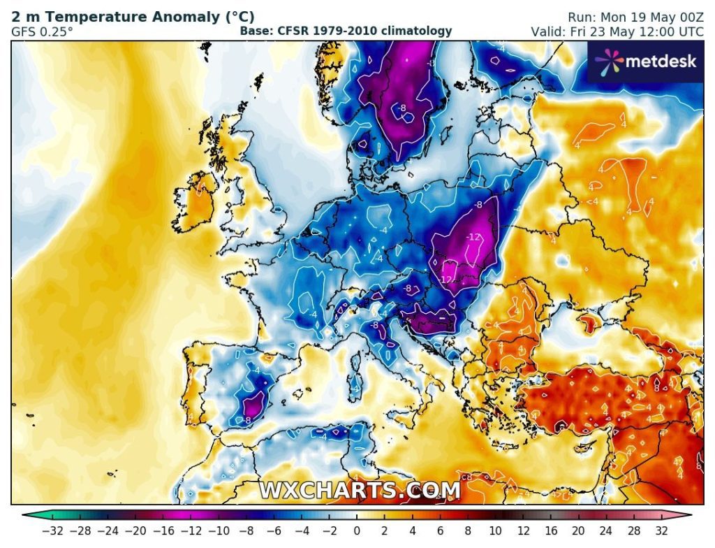 Depressão provoca mau tempo no Sul da Europa esta semana, enquanto ar polar bem frio invade o Norte - tempo bastante diverso no Continente, veja as últimas previsões Temperaturas bem abaixo do normal em boa parte da Europa - Portugal deve ser exceção
