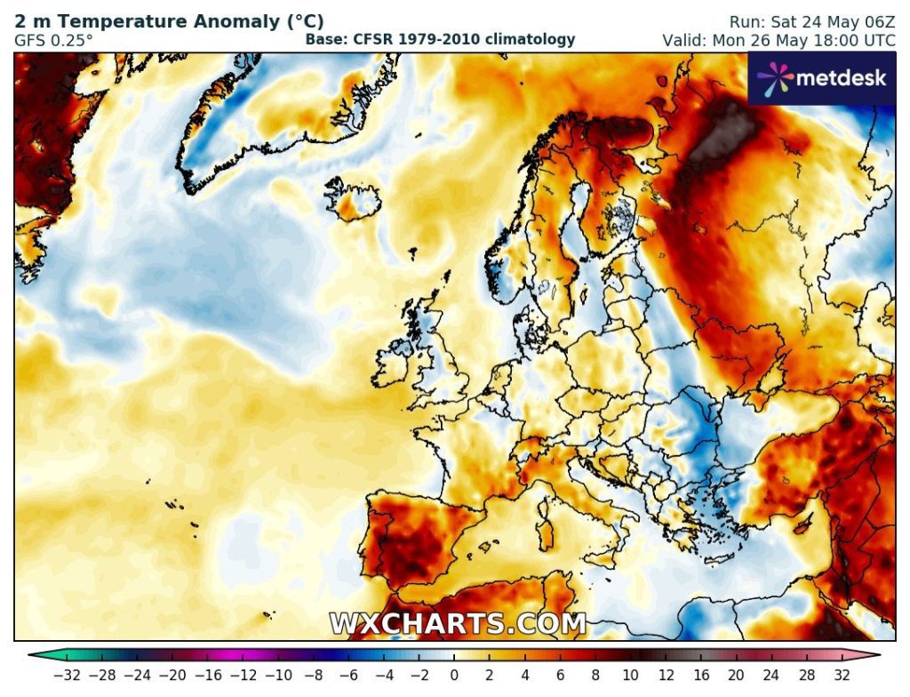 Previsão do tempo na segunda, 26 de maio - Semana começa com efeito do anticiclone... mas ainda com vento - saiba os detalhes! Anomalia de temperatura prevista para segunda, 26 de maio - previsão GFS