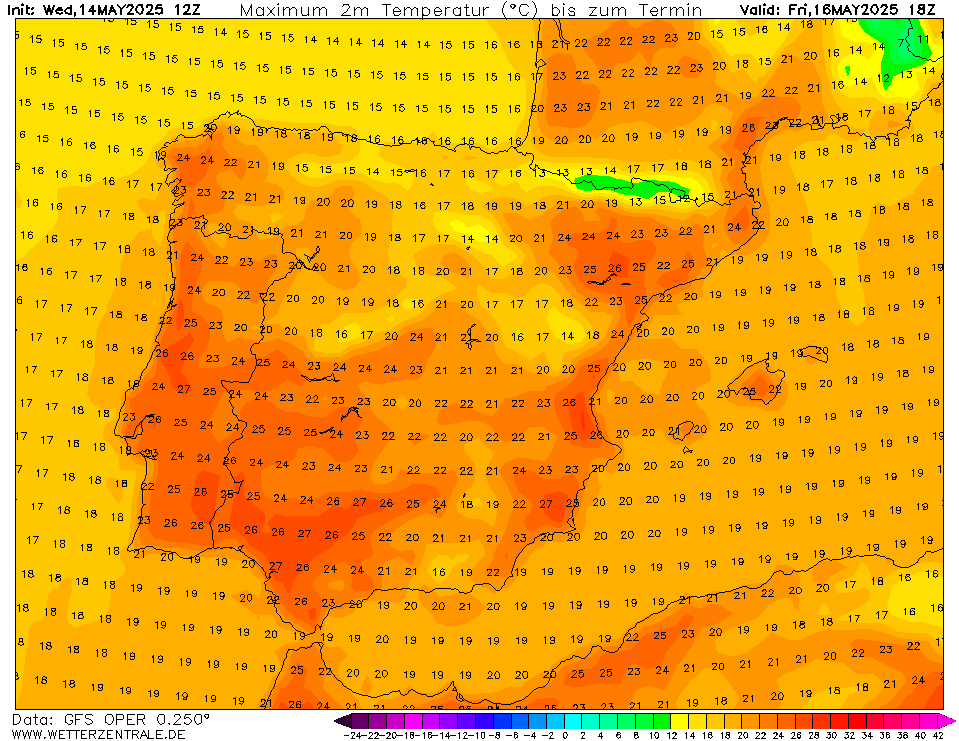 Primeiro vem o calor, e depois as poeiras? Tempo na sexta, 16 de maio, e antevisão do fim-de-semana! Temperaturas máximas previstas para sexta, 16 de maio de 2025 - GFS, via Wetterzentrale