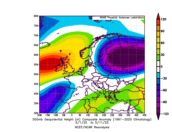 Bloqueio Atmosférico - Vêm aí uns dias quentes, mas rapidamente voltamos ao mesmo... O que se passa, afinal? Explicação e previsão Configuração atmosférica 1 a 11 de Maio de 2025