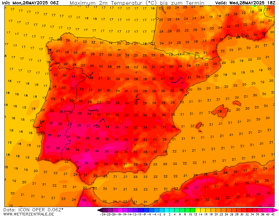 Tempo na quarta, 28 de maio - temperaturas aproximam-se dos 40ºC no dia mais quente do ano até agora... mas há ainda mais calor a caminho Temperaturas máximas muito elevadas previstas pelo modelo ICON para quarta-feira...