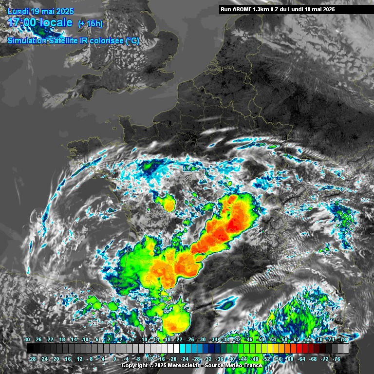 Depressão provoca mau tempo no Sul da Europa esta semana, enquanto ar polar bem frio invade o Norte - tempo bastante diverso no Continente, veja as últimas previsões Convecção muito intensa na tarde de segunda, 19 de maio, no Sul de França - previsão AROME-HD