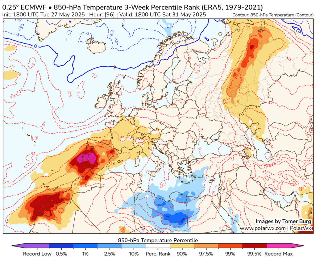 Nunca fez tanto calor em Maio! - Próximos dias trazem recordes de temperatura a algumas regiões, poeiras e (talvez) trovoadas! Calor RECORDE assinalado em Portugal, segundo previsões ECMWF - cor de rosa