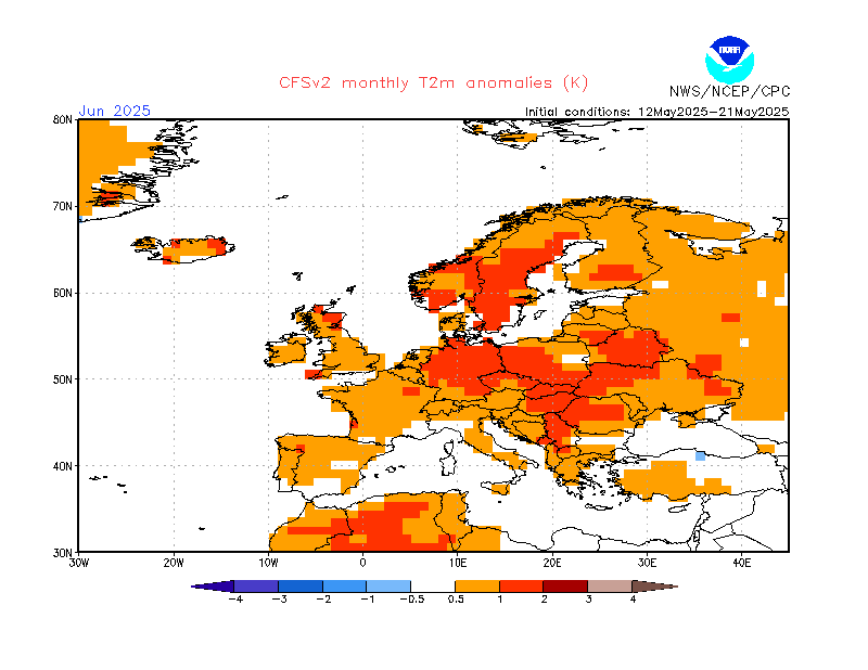 Calor recorde em Maio? - 40ºC na próxima semana, e noites com mais de 25ºC! - Trovoadas depois? Antevisão do tempo 27 a 30 de Maio A previsão NOAA CFS, com temperaturas mais elevadas no Norte que no Sul da Europa em Junho pode indicar tempo instável no nosso território