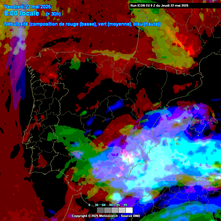Tempo na sexta, 23 de maio 2025 - Mais calor, o Verão chegou para ficar! Saiba que temperaturas esperar na sua região! A vermelho, assinalado pelo ICON-EU, podemos ver a previsão de nebulosidade baixa - ainda surgirá localmente, mas muito mais Sol!