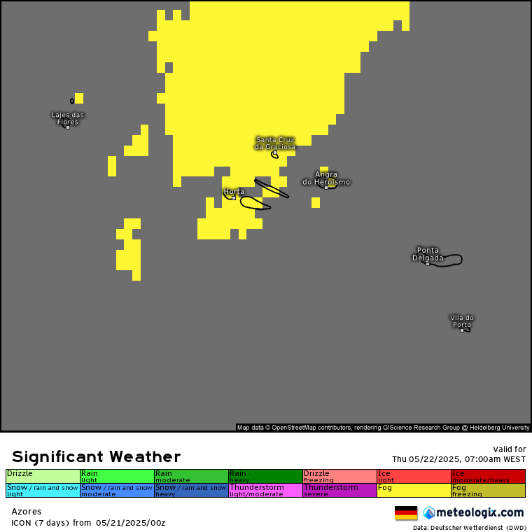 Anticiclone dos Açores provoca vento forte! O calor já surge, mas ainda tímido... Tempo na quinta, 22 de maio de 2025 - Saiba a previsão completa! Assinalado a amarelo na carta de previsão ECMWF - nevoeiros nos Açores