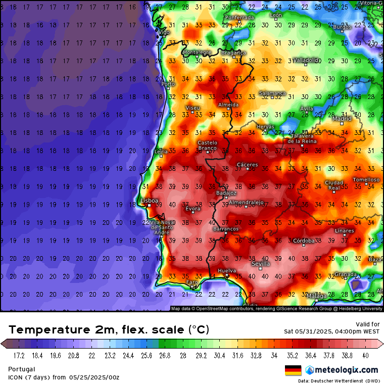 Tempo quente, com 40ºC em Maio, poeiras e noites tropicais - primeira onda de calor do ano - Tempo esta semana, 26 de maio a 1 de junho 40 graus previstos para sábado, 31 de maio, ICON - a confirmar...
