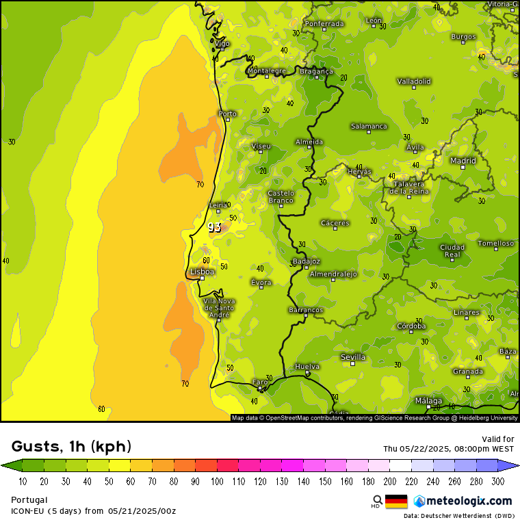Anticiclone dos Açores provoca vento forte! O calor já surge, mas ainda tímido... Tempo na quinta, 22 de maio de 2025 - Saiba a previsão completa! Vento forte devido à presença do anticiclone dos Açores a Oeste
