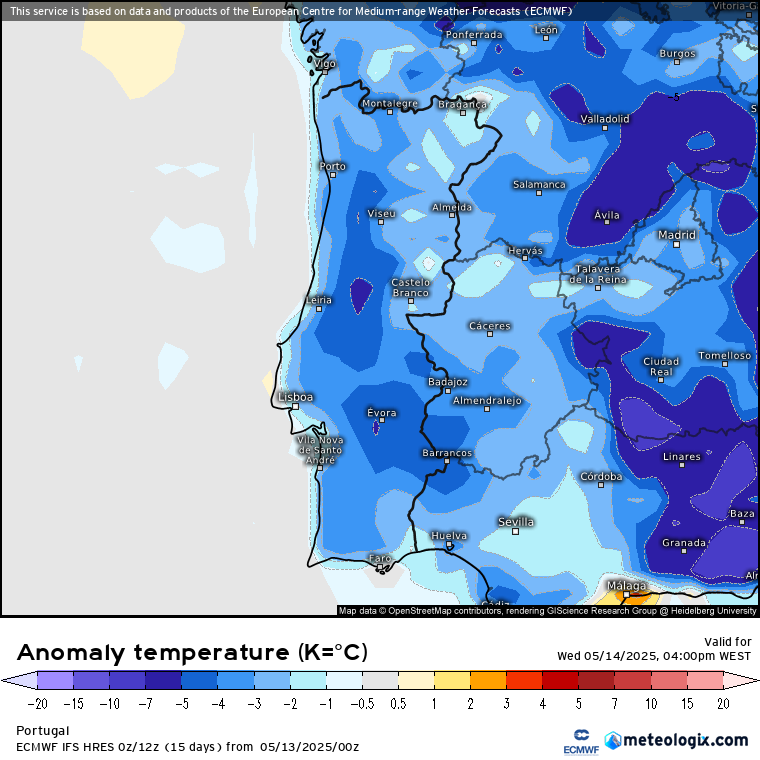 Tempo na quarta, 14 de maio de 2025 - Mais um dia húmido, num Maio atípico - saiba a previsão e como estará na sua região! Temperaturas abaixo da média na quarta, 15 de maio - previsão ECMWF