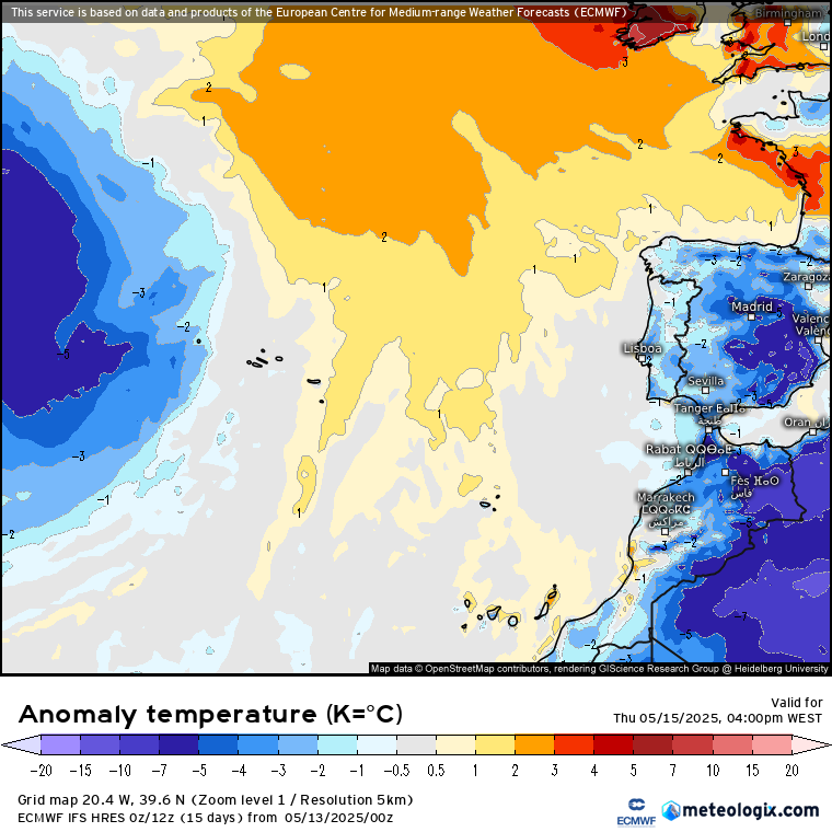 Sol e tempo mais quente regressam! Será desta que (finalmente) é para ficar? - Saiba a previsão do tempo na quinta, 15 de maio Anomalia nas temperaturas previstas para quinta, 15 de maio - máximas (16h)