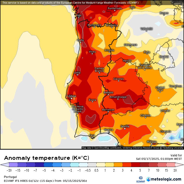 Tempo no fim-de-semana: Calor com perto de 35ºC no sábado, mas chuva pode regressar no domingo- saiba os detalhes para a sua região! Anomalia de temperatura no sábado, 17 de maio, ECMWF