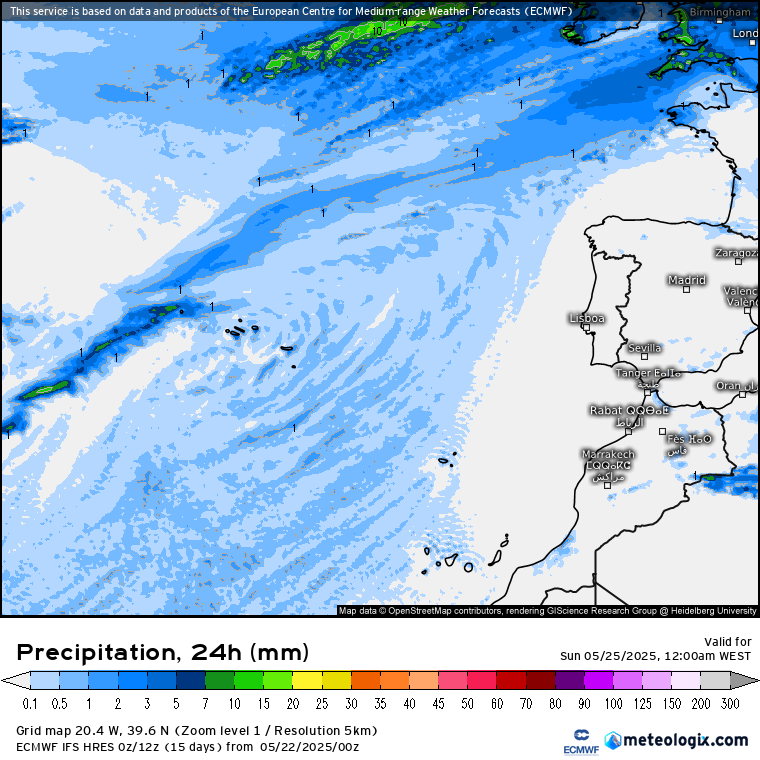 Fim-de-semana de puro Verão, mas o calor tórrido virá depois... - Tempo nos dias 24 e 25 de Maio de 2025 Chuva algo persistente nos Açores, ainda que fraca, no fim-de-semana