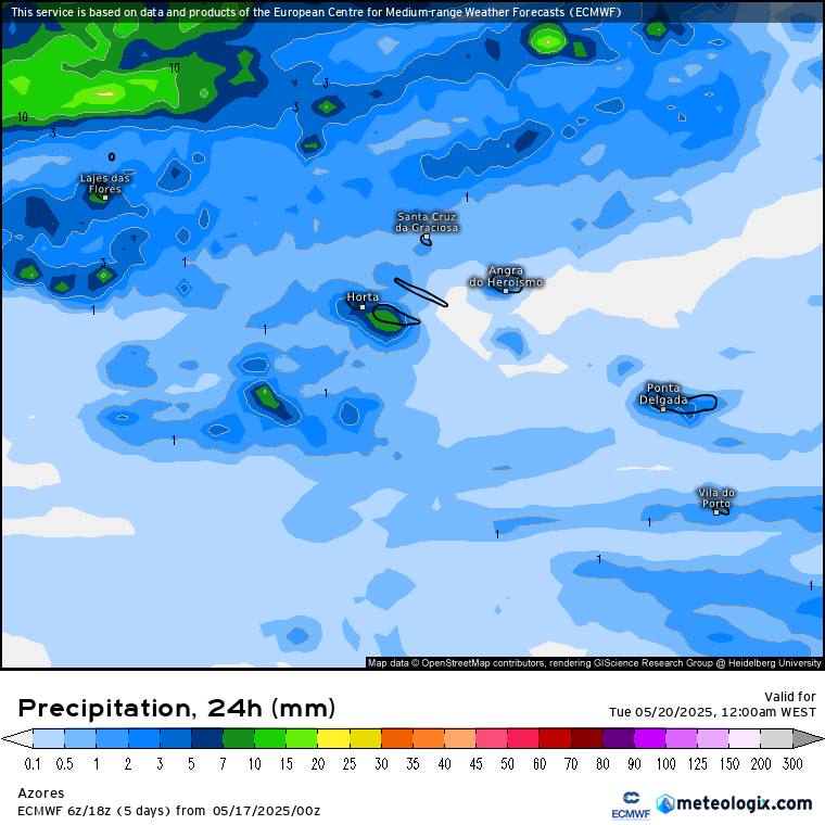 Chuva e temperaturas baixas a começar a semana - saiba como estará o tempo na segunda, 19 de maio de 2025 Precipitação prevista na segunda-feira nos Açores