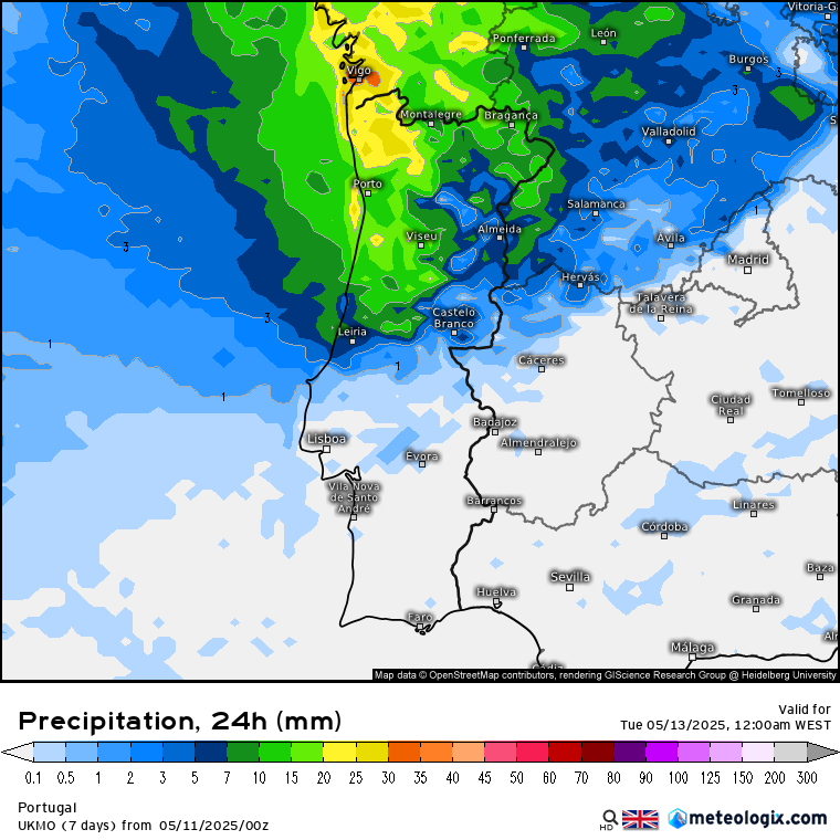 Chuva intensa a iniciar a semana, devido a uma frente fria - saiba como estará o tempo na segunda, 12 de maio 2025 na sua região! Precipitação prevista na segunda, 12 de maio de 2025 - UK MetOffice (UKMO)