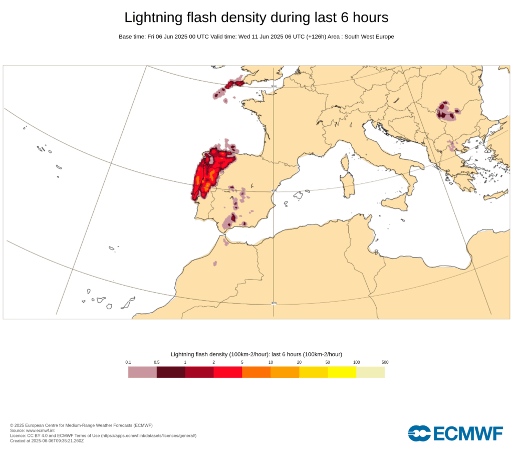 Tempo severo, com fortes trovoadas, risco de granizo grande e até tornados - potencial tempestade no Dia de Portugal, 10 de junho de 2025 Trovoadas intensas previstas pelo modelo IFS-ECMWF, com risco de tempo severo