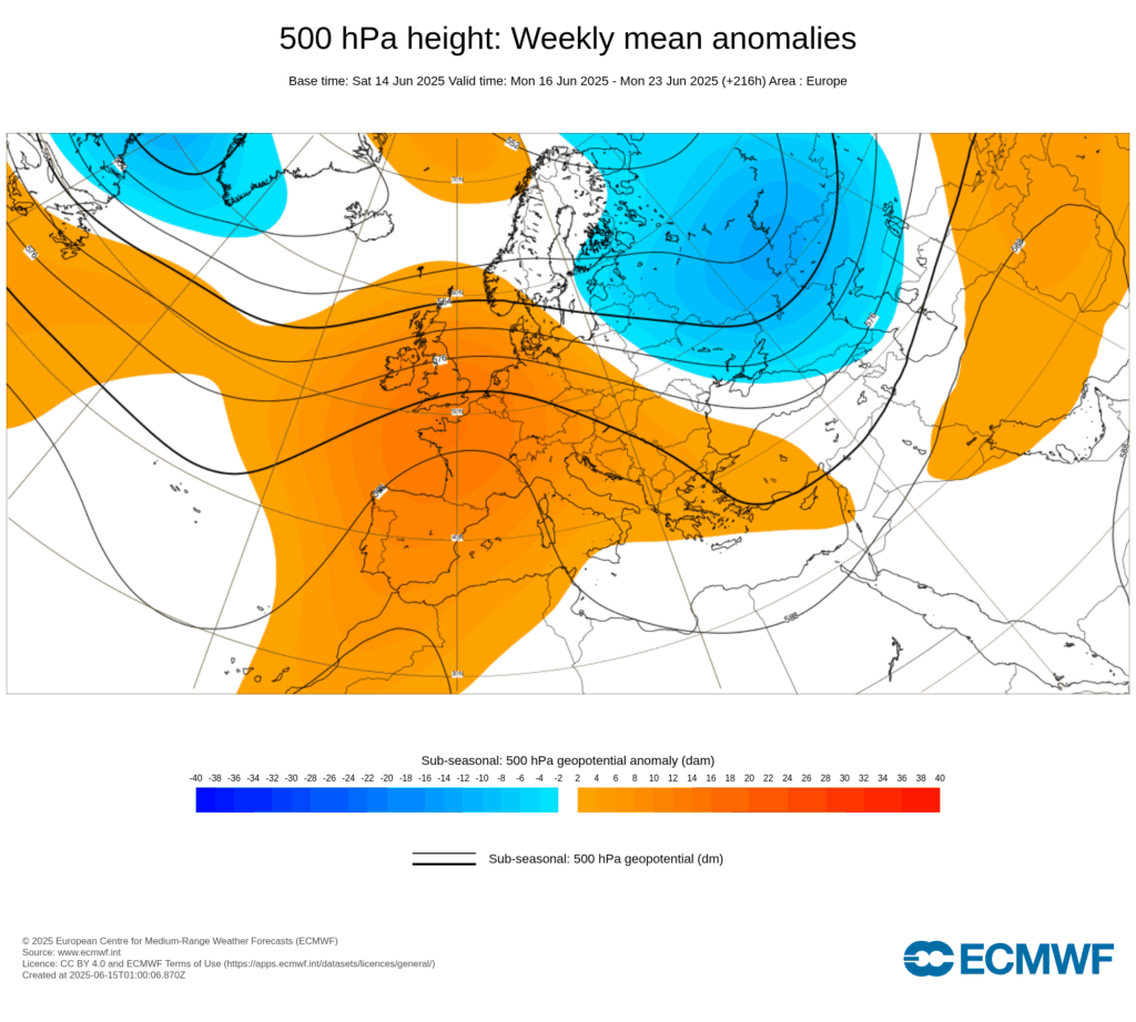 Noites com mais de 25ºC, e dias muito quentes - Mudança temporária na quarta? - Onda de calor - Previsão do tempo esta semana, 16 a 22 de junho de 2025 Anticiclone sobre a Europa Ocidental - sinal de um verão instalado e possivelmente tórrido?