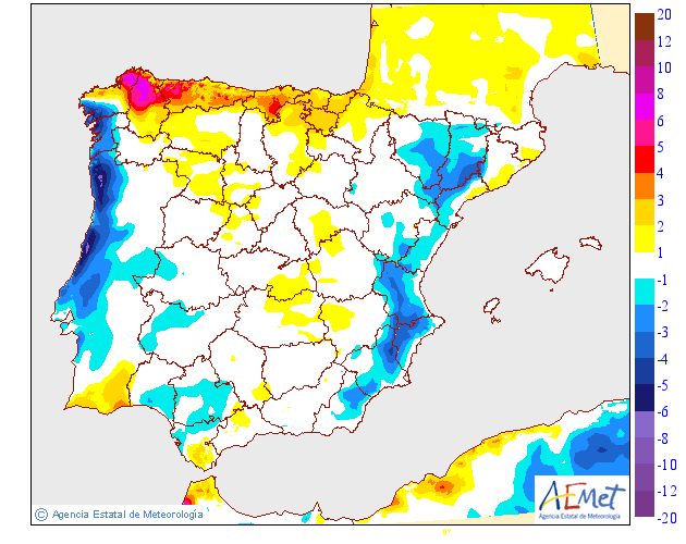 Mais nuvens, e uma descida da temperatura significativa em alguns locais - saiba como estará o tempo na quarta na sua região - 18 de junho 2025 Variação de temperaturas segundo a previsão AEMET para esta quarta, 18 de junho - máximas