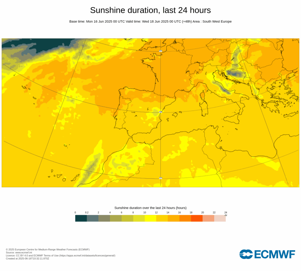 Possibilidade de trovoadas e muito abafado, e uma depressão no Atlântico - Tempo na terça, 17 de junho de 2025 Número de horas de sol previstas para esta terça