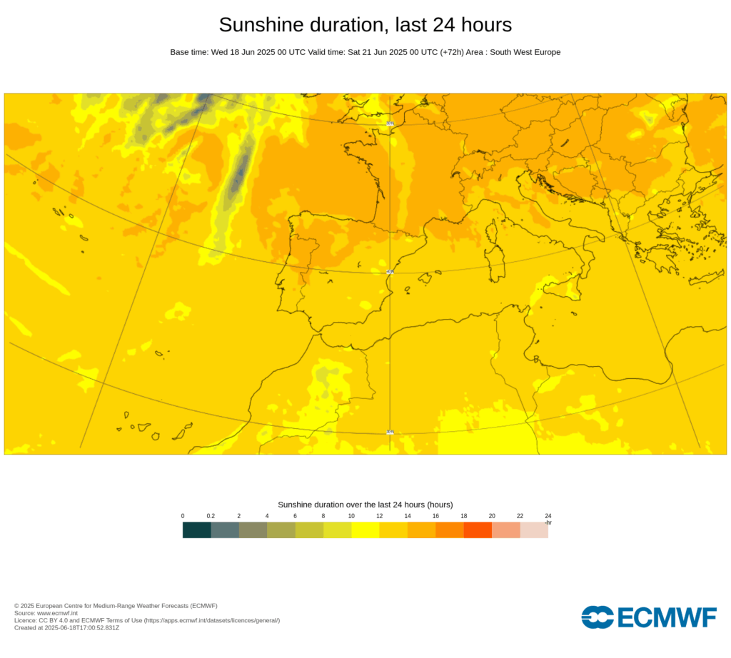Onda de calor continua, e intensifica no Interior - até 43ºC possíveis localmente - e no litoral? - saiba a previsão do tempo na sexta, 20 de junho 2025 Número de horas de sol previstas para esta sexta pelo modelo ECMWF