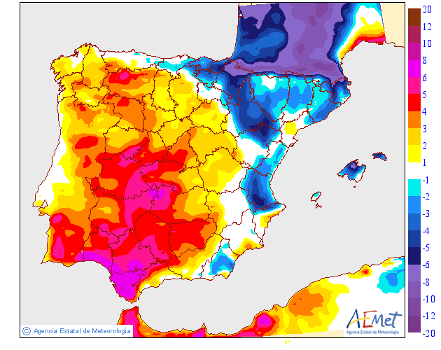 Chega o anticiclone! Saiba a previsão do tempo na quinta, 26 de junho de 2025, em Portugal Variação de temperaturas nesta quinta-feira - forte subida de temperaturas em especial a Sul - Fonte: AEMET
