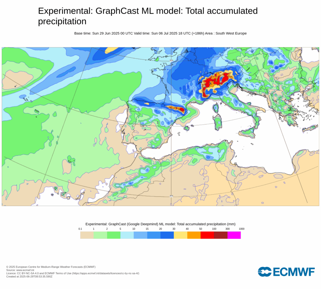 Tempo esta semana, 30 de junho a 6 de julho - Tempo a mudar bastante em alguns locais, com vento forte, mas para alguns pode continuar muito calor - saiba o tempo na sua região! Tempo esta semana - previsão Graphcast, precipitação acumulada