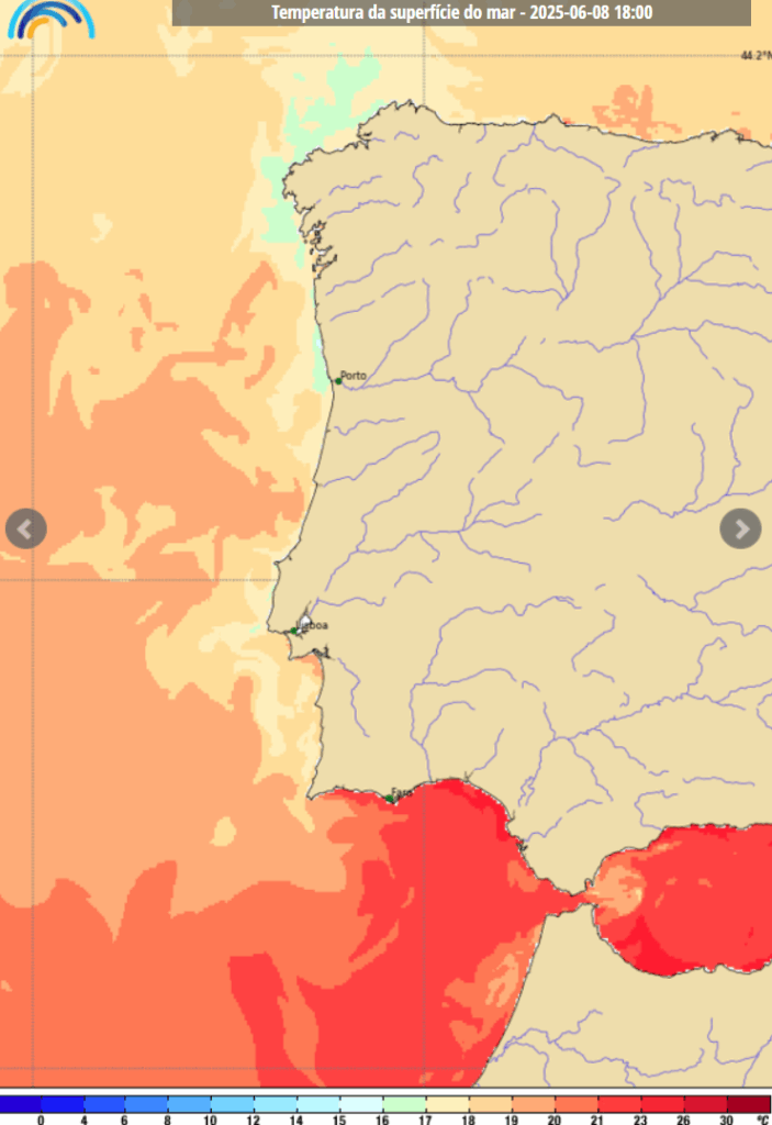 Calor regressa em força! Temperaturas disparam no fim-de-semana, em especial domingo... - E as poeiras regressam... Previsão dias 7 e 8 de junho Temperaturas da água do mar bem acima da média no sábado, 7 de junho de 2025